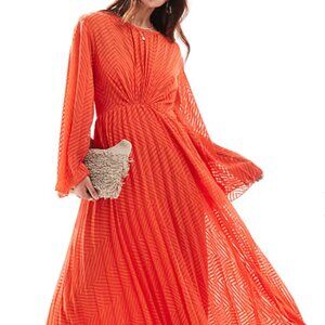 ASOS DESIGN tie back fluted sleeve pleated chevron chiffon midi dress in coral